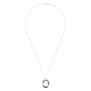 The Bella Bleu 14K White Gold Blue and White Diamond Pendant (0.45 TCW) features three interlocking ovals—two with white stones and one with blue and white diamonds—suspended from a delicate silver chain.