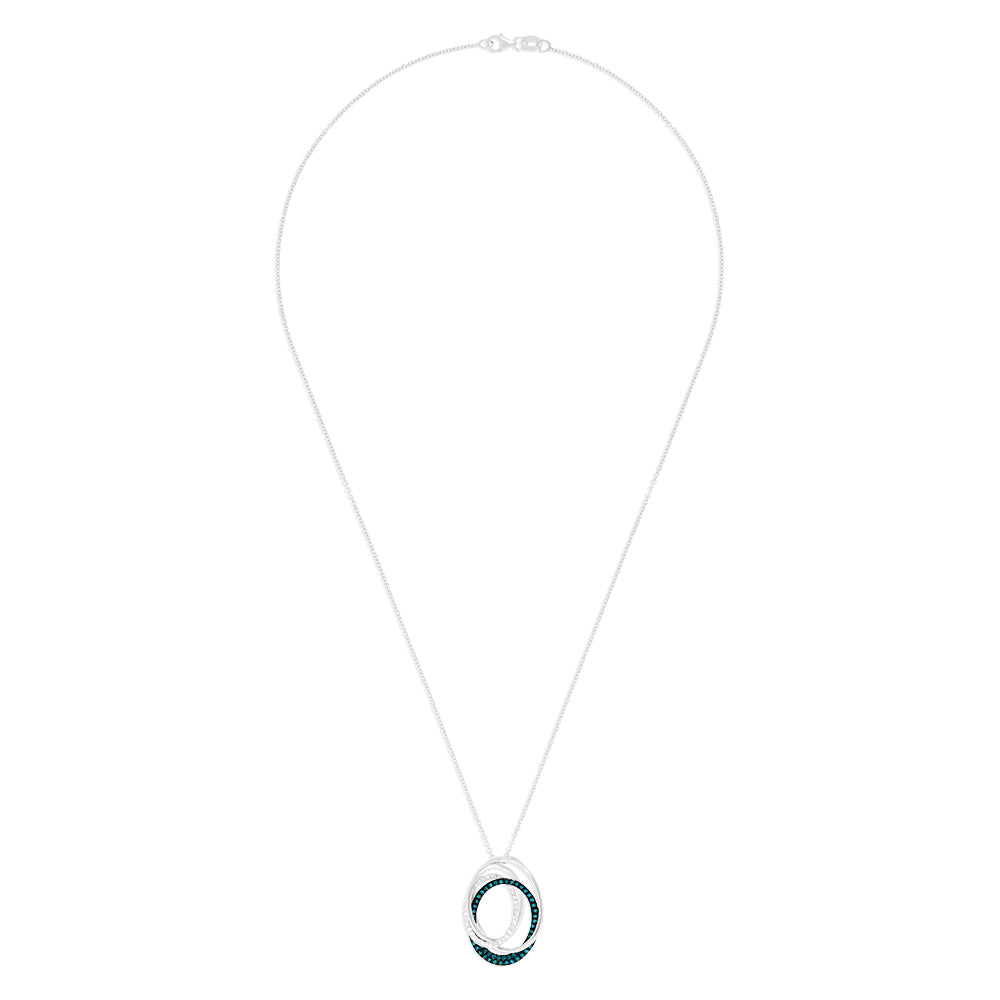 The Bella Bleu 14K White Gold Blue and White Diamond Pendant (0.45 TCW) features three interlocking ovals—two with white stones and one with blue and white diamonds—suspended from a delicate silver chain.