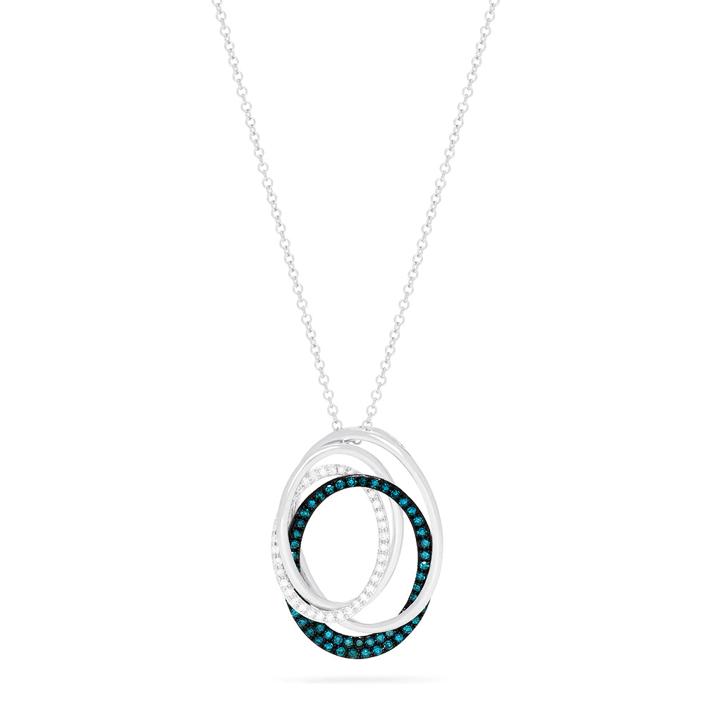 The Bella Bleu 14K White Gold Blue and White Diamond Pendant (0.45 TCW) features three interlocking ovals—two with white stones and one with blue and white diamonds—suspended from a delicate silver chain.