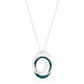 The Bella Bleu 14K White Gold Blue and White Diamond Pendant (0.45 TCW) features three interlocking ovals—two with white stones and one with blue and white diamonds—suspended from a delicate silver chain.