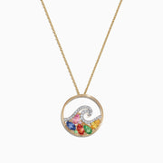 The Watercolors 14K Gold Multi Sapphire Diamond Wave Pendant (1.63 TCW) features a circular wave design accented with vibrant pink, blue, green, orange, and yellow sapphires for a colorful, gemstone-inspired look.