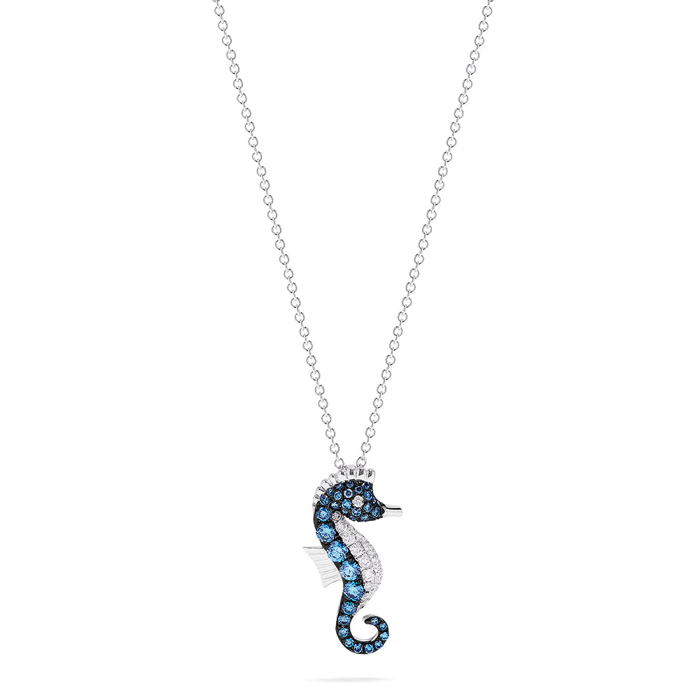 The Novelty 14K Gold Blue & White Diamond Seahorse Pendant, 0.62 TCW, features sparkling diamonds on its body and hangs elegantly from a delicate chain against a white background.