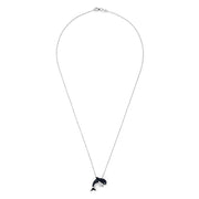 The Seaside 14K White Gold Sapphire & Diamond Dolphins Pendant (0.71 TCW) features sapphire-blue and diamond-clear stones in a dolphin design, displayed on a white background.