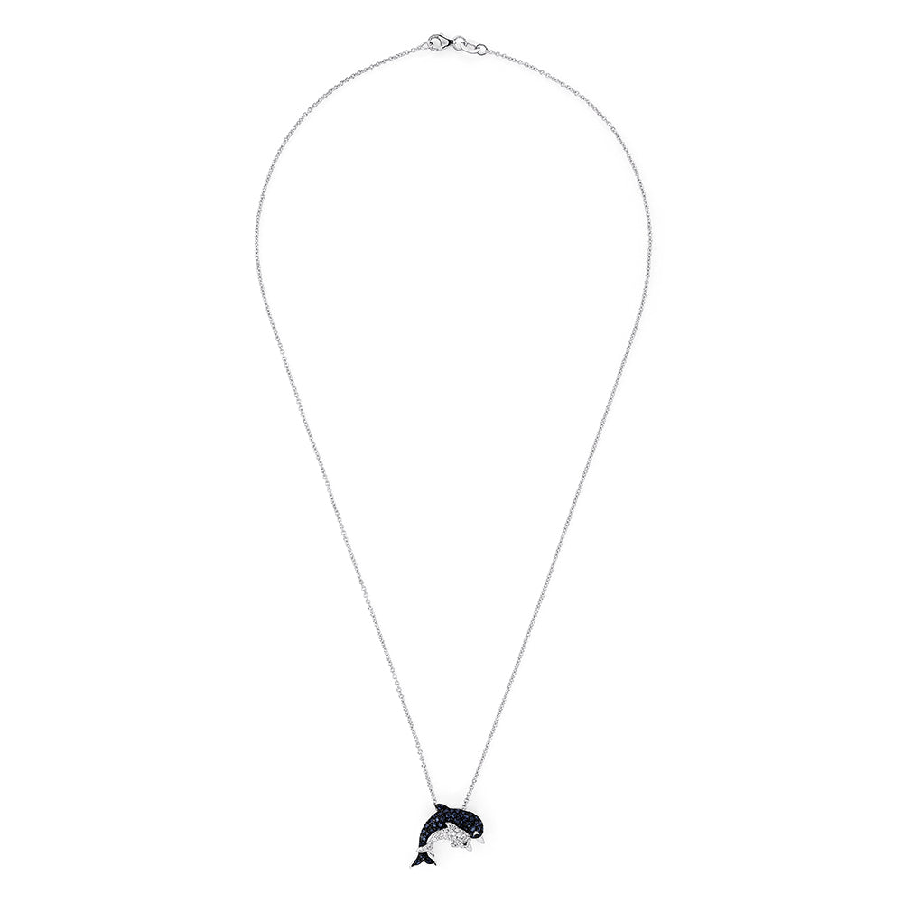 The Seaside 14K White Gold Sapphire & Diamond Dolphins Pendant (0.71 TCW) features sapphire-blue and diamond-clear stones in a dolphin design, displayed on a white background.