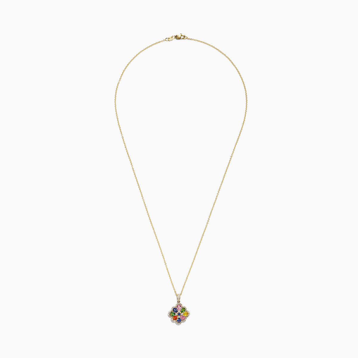 The Watercolors 14K Yellow Gold Multi Sapphire & Diamond Pendant (1.85 TCW) features a vibrant flower-shaped design with colorful sapphires and sparkling diamonds, hanging from a delicate gold chain on a white background.