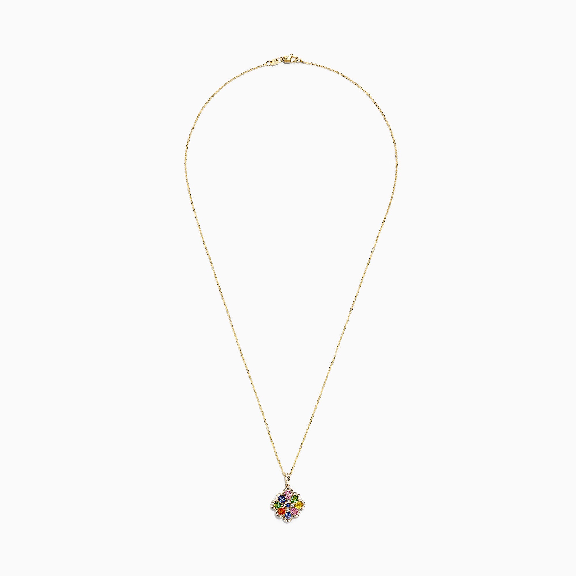 The Watercolors 14K Yellow Gold Multi Sapphire & Diamond Pendant (1.85 TCW) features a vibrant flower-shaped design with colorful sapphires and sparkling diamonds, hanging from a delicate gold chain on a white background.