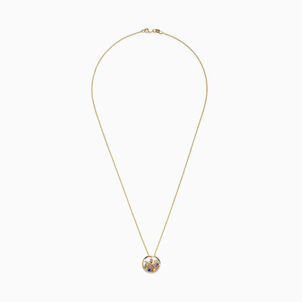 The Watercolors 14K Gold Sapphire & Diamond Starfish Pendant (0.53 TCW) features a round gold pendant with a diamond starfish and colorful sapphires in green, orange, and red clustered at the base.