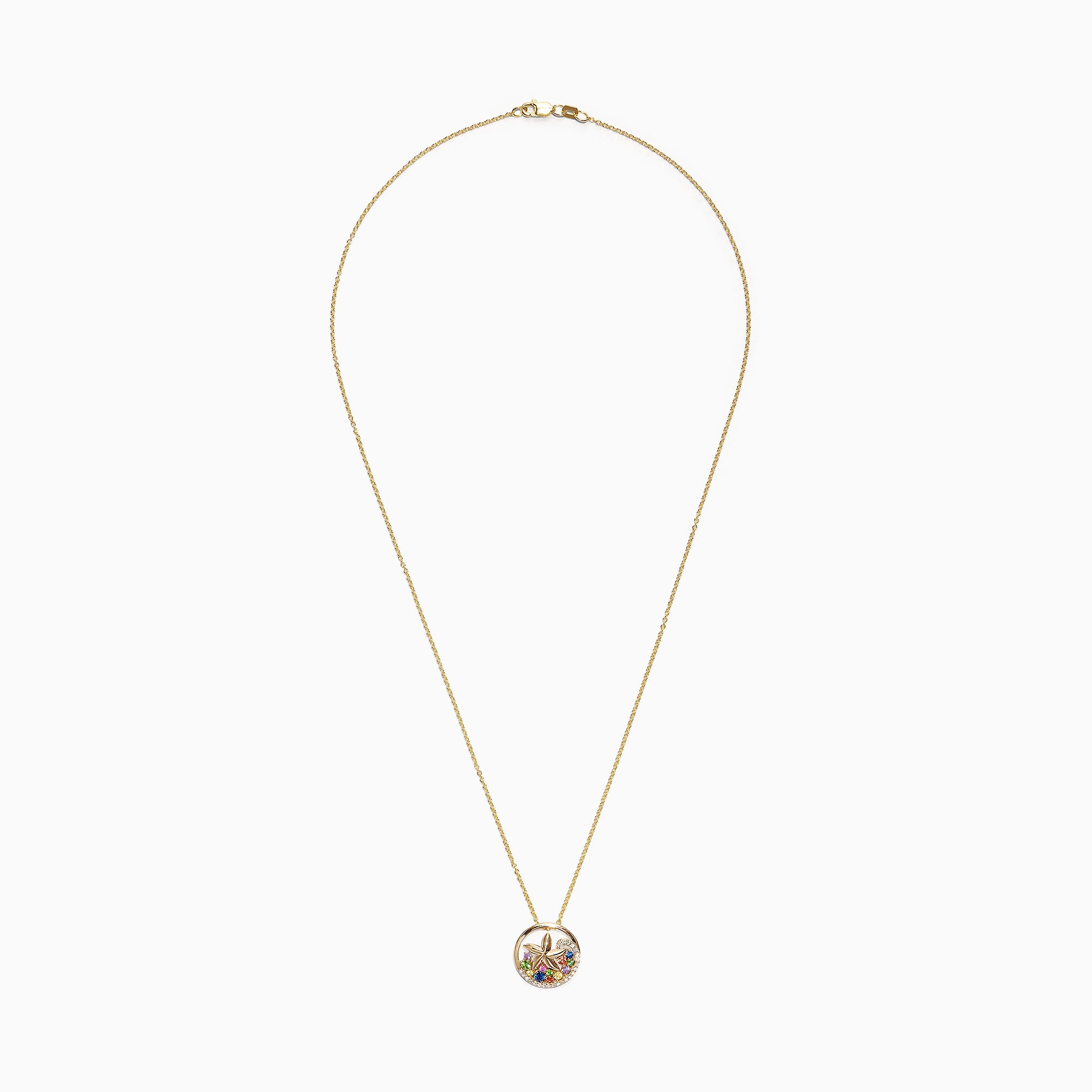 The Watercolors 14K Gold Sapphire & Diamond Starfish Pendant (0.53 TCW) features a round gold pendant with a diamond starfish and colorful sapphires in green, orange, and red clustered at the base.