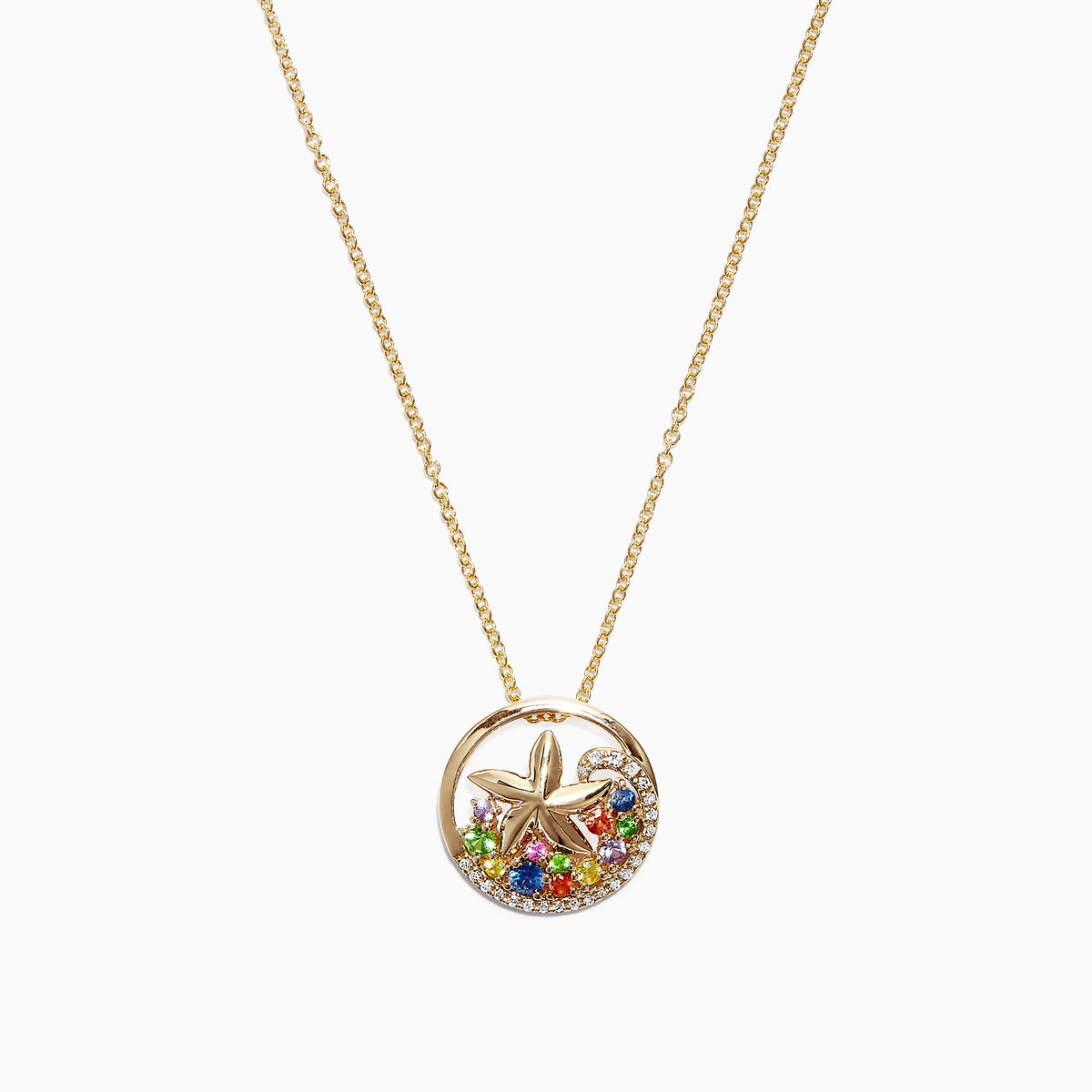 The Watercolors 14K Gold Sapphire & Diamond Starfish Pendant (0.53 TCW) features a round gold pendant with a diamond starfish and colorful sapphires in green, orange, and red clustered at the base.