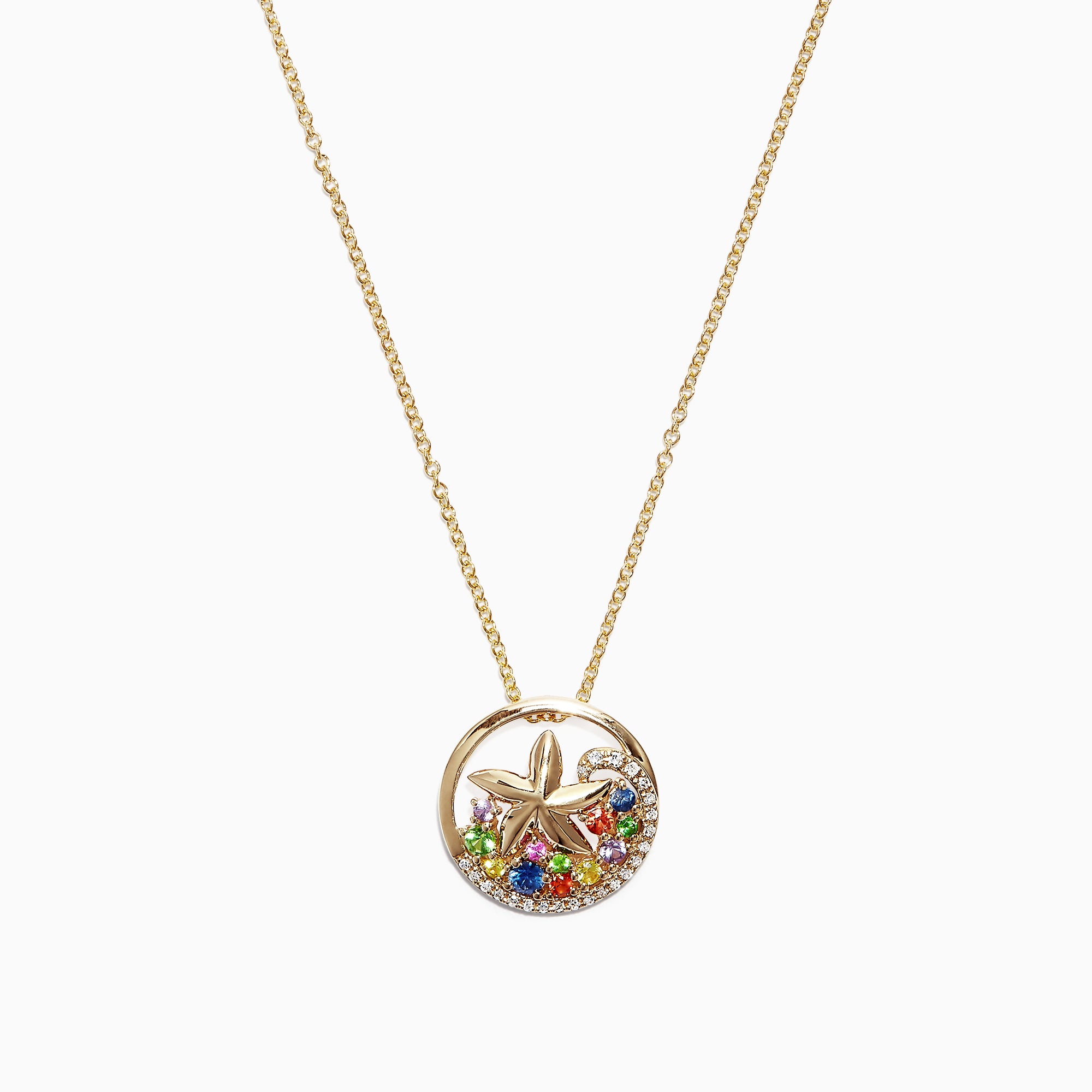 The Watercolors 14K Gold Sapphire & Diamond Starfish Pendant (0.53 TCW) features a round gold pendant with a diamond starfish and colorful sapphires in green, orange, and red clustered at the base.