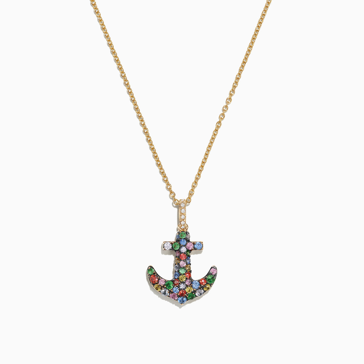 The Watercolors 14K Gold Multi Sapphire Diamond Anchor Pendant (0.76 TCW) features a sparkling diamond anchor adorned with vibrant multi sapphire gems, displayed on a plain white background.