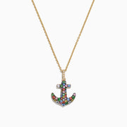 The Watercolors 14K Gold Multi Sapphire Diamond Anchor Pendant (0.76 TCW) features a sparkling diamond anchor adorned with vibrant multi sapphire gems, displayed on a plain white background.