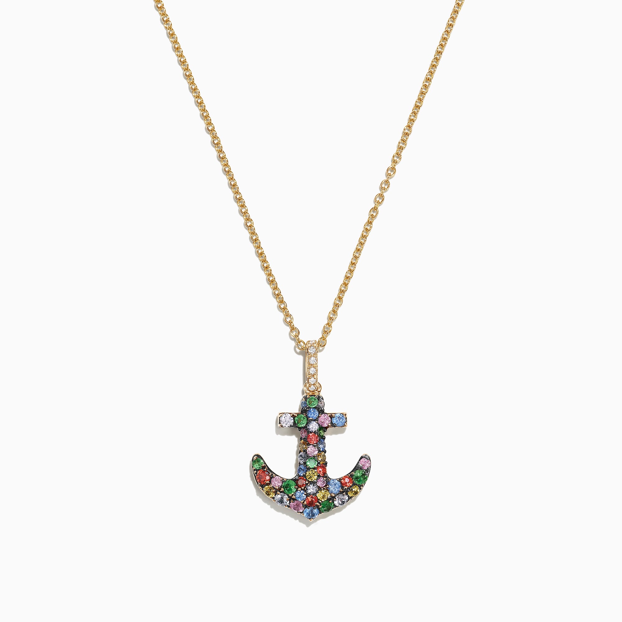 The Watercolors 14K Gold Multi Sapphire Diamond Anchor Pendant (0.76 TCW) features a sparkling diamond anchor adorned with vibrant multi sapphire gems, displayed on a plain white background.