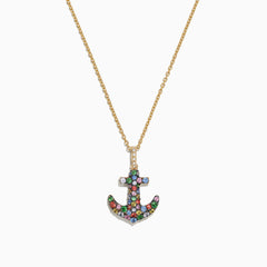 The Watercolors 14K Gold Multi Sapphire Diamond Anchor Pendant (0.76 TCW) features a sparkling diamond anchor adorned with vibrant multi sapphire gems, displayed on a plain white background.