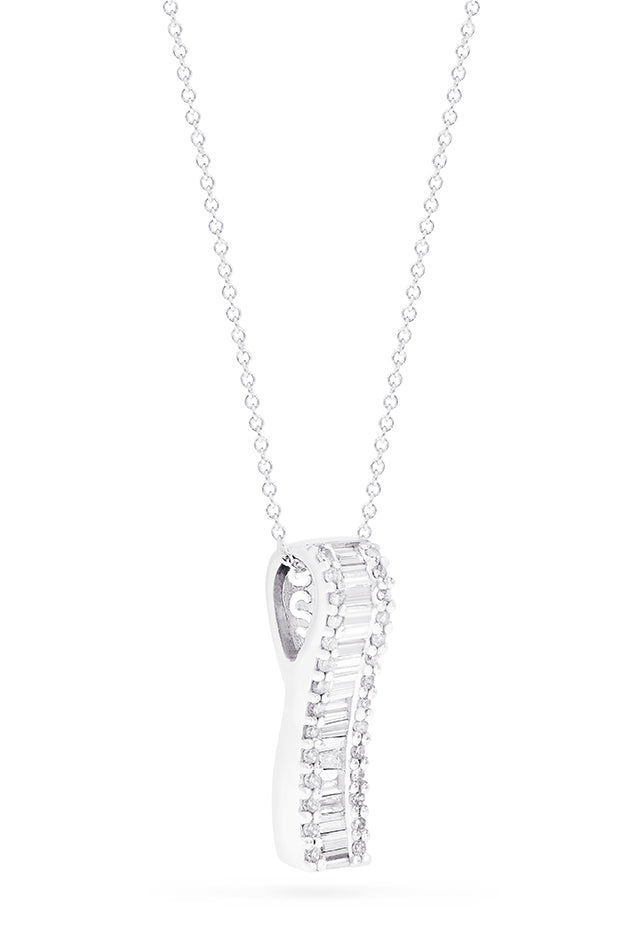 The Classique 14K White Gold Diamond Pendant, 0.58 TCW features a vertical rectangular design with center baguette-cut diamonds bordered by round diamonds, beautifully set in silver from the Effy Classique collection.