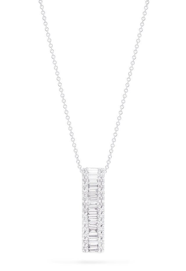 The Classique 14K White Gold Diamond Pendant, 0.58 TCW features a vertical rectangular design with center baguette-cut diamonds bordered by round diamonds, beautifully set in silver from the Effy Classique collection.