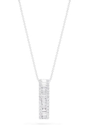 The Classique 14K White Gold Diamond Pendant, 0.58 TCW features a vertical rectangular design with center baguette-cut diamonds bordered by round diamonds, beautifully set in silver from the Effy Classique collection.