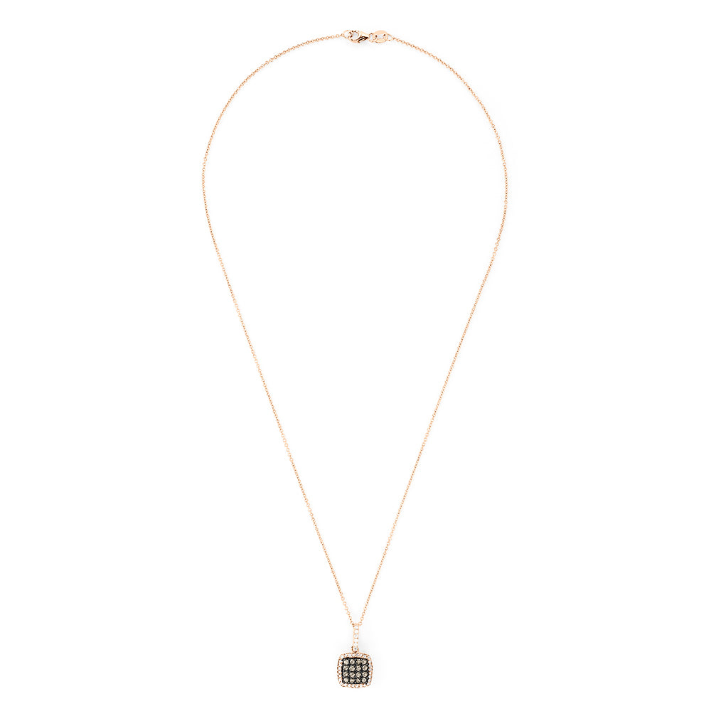 The 14K Rose Gold Espresso and White Diamond Pendant (0.60 TCW) features a square pendant with grid-set espresso diamonds bordered by white diamonds, gracefully suspended from a fine rose gold chain.