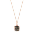 The 14K Rose Gold Espresso and White Diamond Pendant (0.60 TCW) features a square pendant with grid-set espresso diamonds bordered by white diamonds, gracefully suspended from a fine rose gold chain.