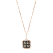 The 14K Rose Gold Espresso and White Diamond Pendant (0.60 TCW) features a square pendant with grid-set espresso diamonds bordered by white diamonds, gracefully suspended from a fine rose gold chain.