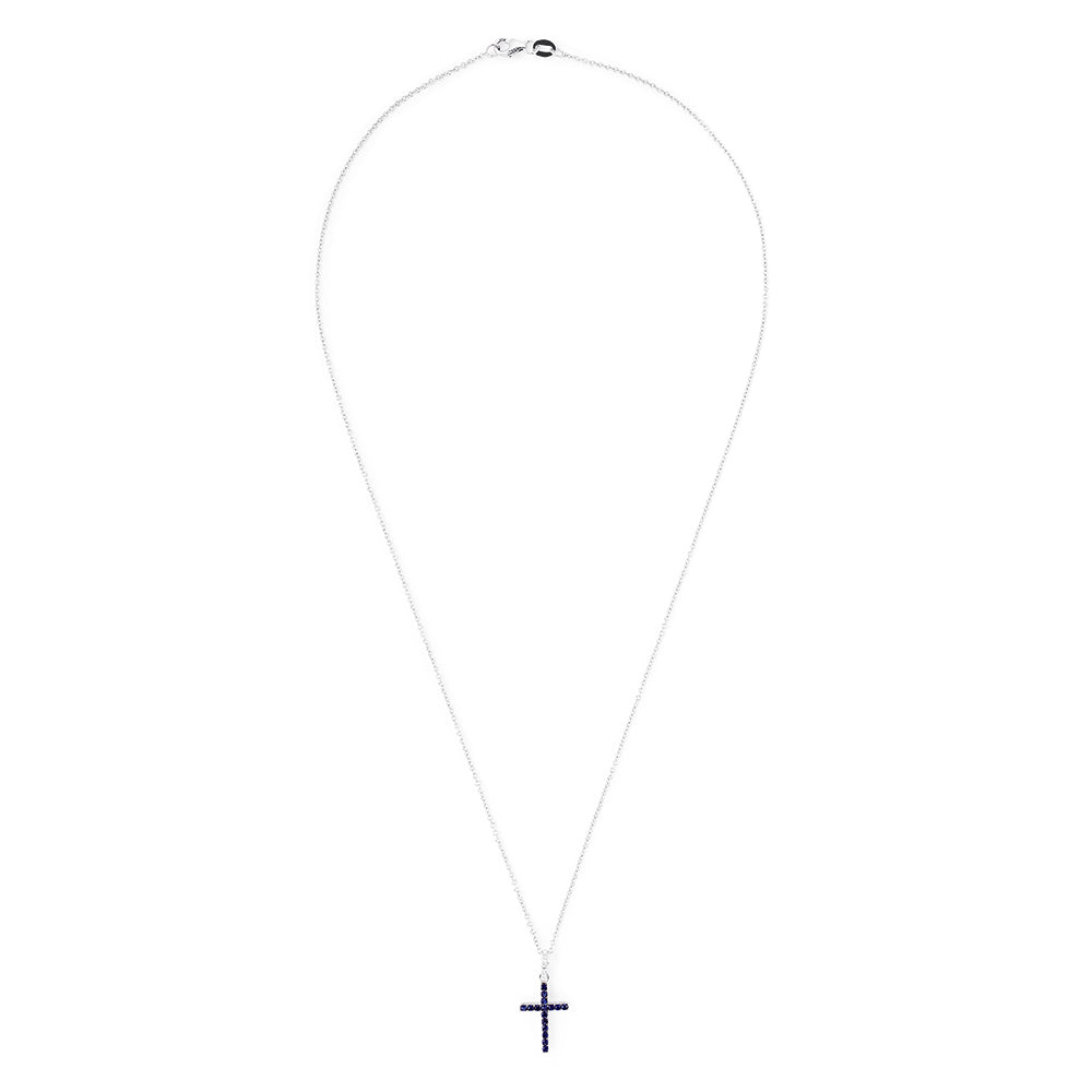 The Novelty 14K White Gold Sapphire and Diamond Cross Pendant, 0.19 TCW, features a delicate white gold chain with a cross pendant set with sparkling diamonds, petite sapphires, and a clear gemstone at the top.