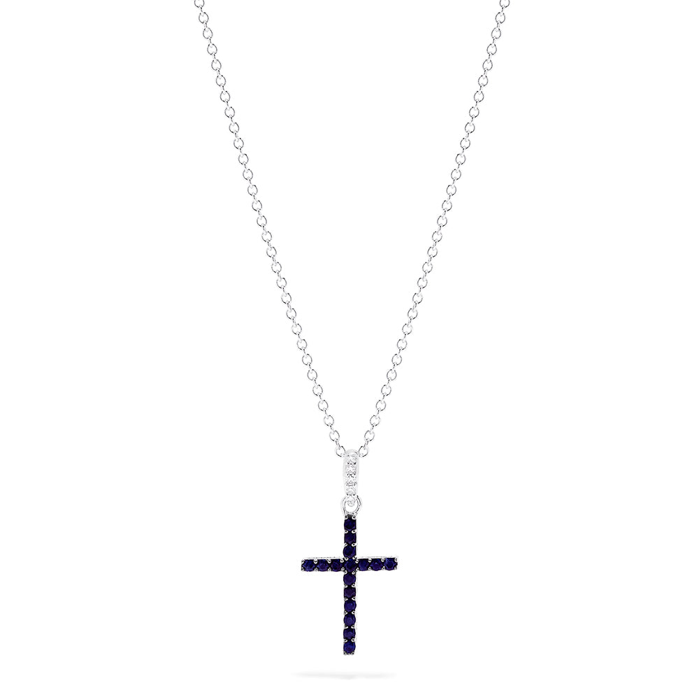 The Novelty 14K White Gold Sapphire and Diamond Cross Pendant, 0.19 TCW, features a delicate white gold chain with a cross pendant set with sparkling diamonds, petite sapphires, and a clear gemstone at the top.