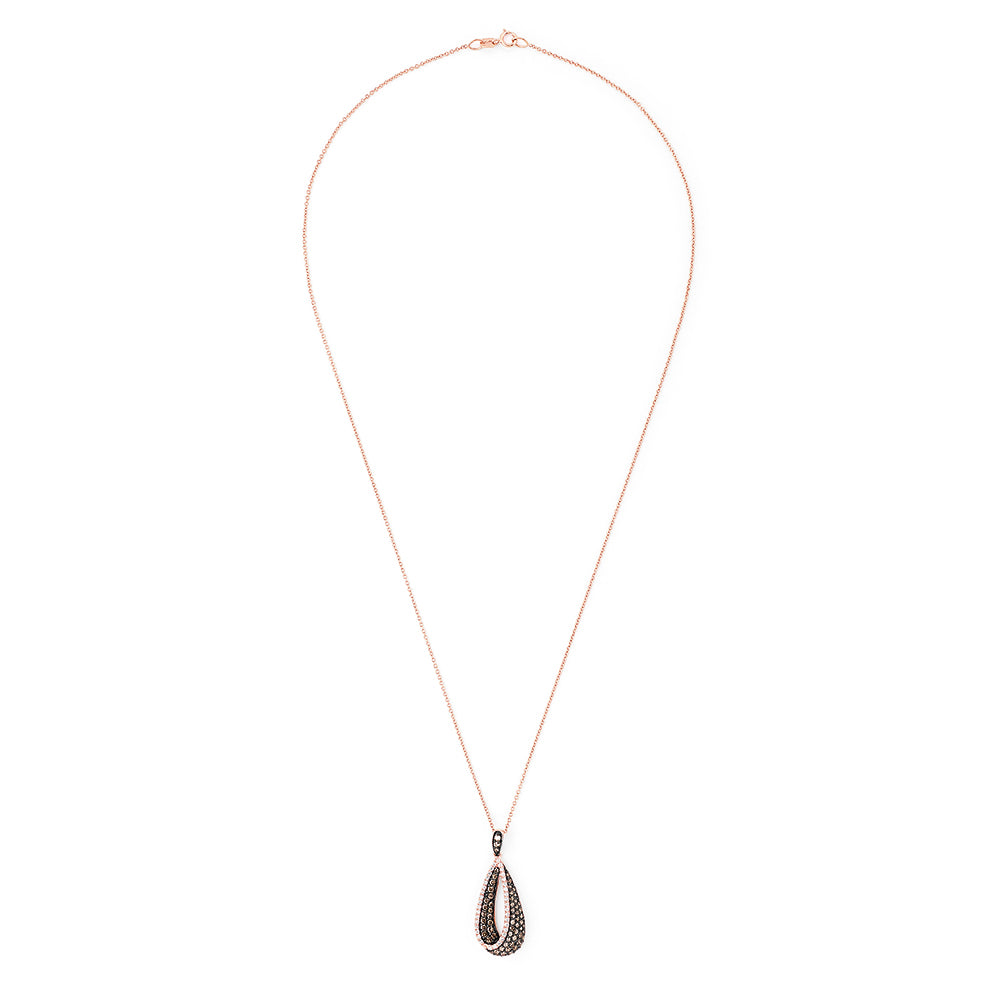 14K rose gold necklace showcasing a drop pendant with espresso and white diamonds (0.86 TCW) in an overlapping, open-loop design.