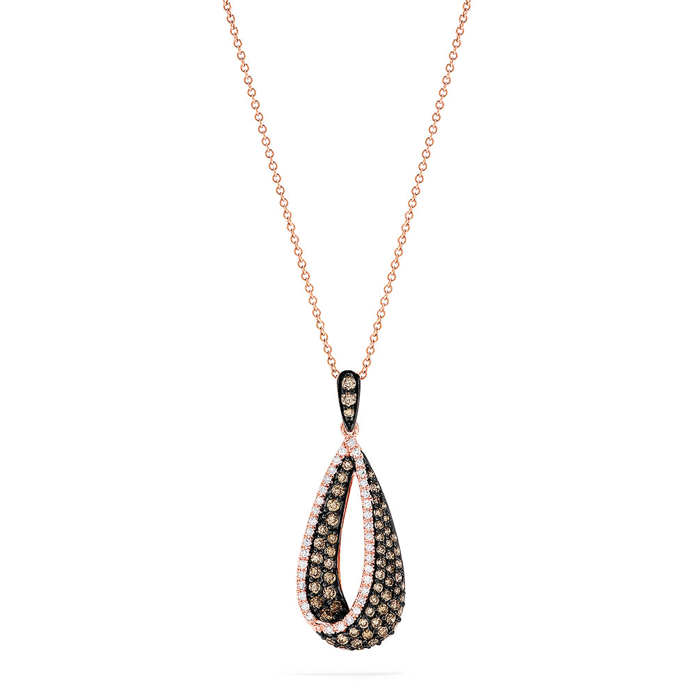 14K rose gold necklace showcasing a drop pendant with espresso and white diamonds (0.86 TCW) in an overlapping, open-loop design.