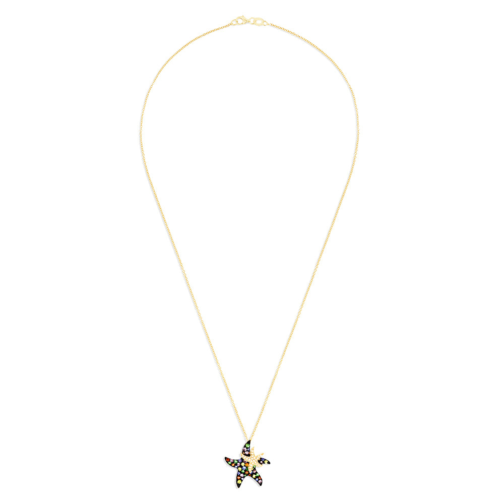 The Watercolors 14K Gold Sapphire & Diamond Starfish Pendant (1.27 TCW) features two overlapping starfish: the larger is set with colorful sapphires, and the smaller sparkles with diamonds.