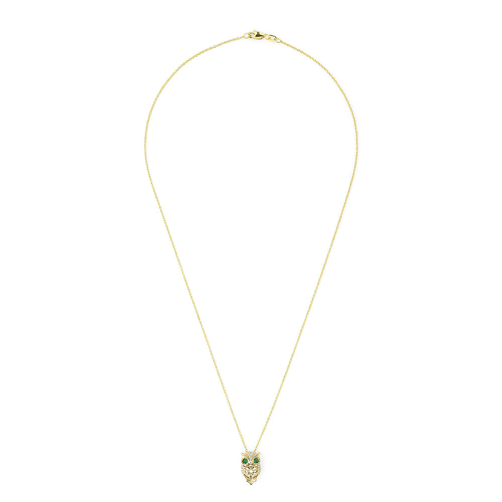 Safari 14K Yellow Gold Emerald and Diamond Owl Pendant, 0.18 TCW, features a detailed owl design with emerald gemstone eyes and intricate accents, showcased on a plain white background.
