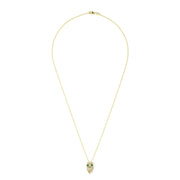 Safari 14K Yellow Gold Emerald and Diamond Owl Pendant, 0.18 TCW, features a detailed owl design with emerald gemstone eyes and intricate accents, showcased on a plain white background.