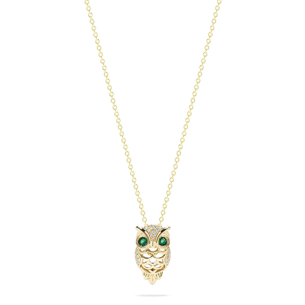 Safari 14K Yellow Gold Emerald and Diamond Owl Pendant, 0.18 TCW, features a detailed owl design with emerald gemstone eyes and intricate accents, showcased on a plain white background.
