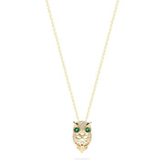 Safari 14K Yellow Gold Emerald and Diamond Owl Pendant, 0.18 TCW, features a detailed owl design with emerald gemstone eyes and intricate accents, showcased on a plain white background.