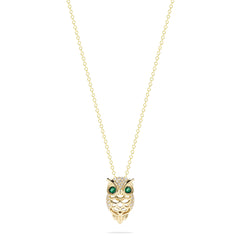 Safari 14K Yellow Gold Emerald and Diamond Owl Pendant, 0.18 TCW, features a detailed owl design with emerald gemstone eyes and intricate accents, showcased on a plain white background.