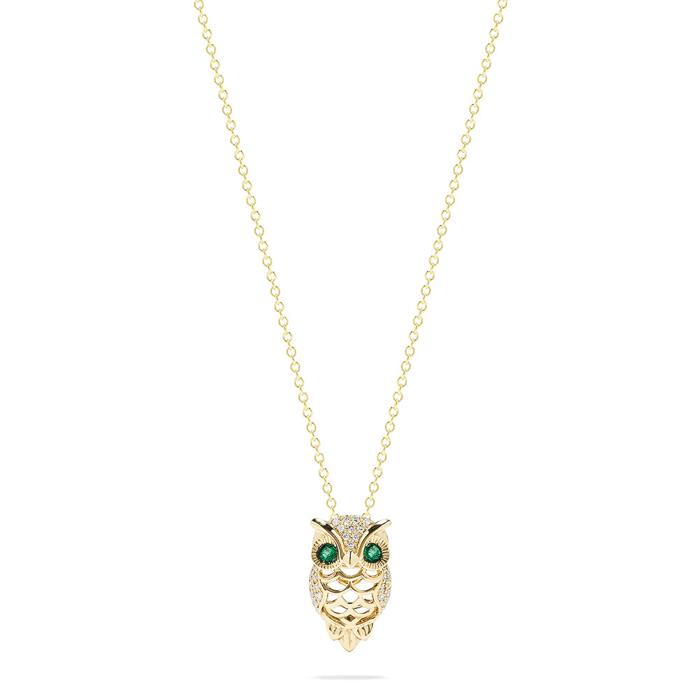 Effy Safari 14K Yellow Gold Emerald and Diamond Owl Pendant, 0.18 TCW