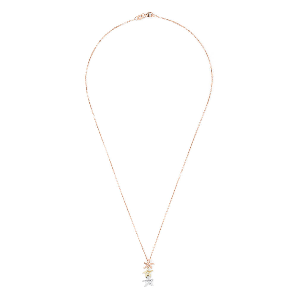 The Seaside 14K Tri Color Gold Diamond Starfish Trio Pendant features three starfish in rose, yellow, and white gold, set with 0.23 TCW diamonds.