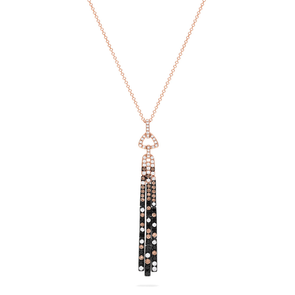 The Confetti 14K Gold Pendant features black, espresso, and white diamonds (1.17 TCW) on a long rose gold chain with a gold pendant accented by geometric details and three black tassels adorned with clear gemstones.
