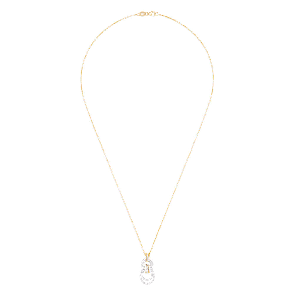 The Duo 14K White and Yellow Gold Diamond Pendant, 0.52 TCW, features two interlocking oval loops adorned with sparkling diamonds for a modern geometric look—displayed elegantly on a white background.