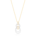 The Duo 14K White and Yellow Gold Diamond Pendant, 0.52 TCW, features two interlocking oval loops adorned with sparkling diamonds for a modern geometric look—displayed elegantly on a white background.