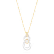 The Duo 14K White and Yellow Gold Diamond Pendant, 0.52 TCW, features two interlocking oval loops adorned with sparkling diamonds for a modern geometric look—displayed elegantly on a white background.