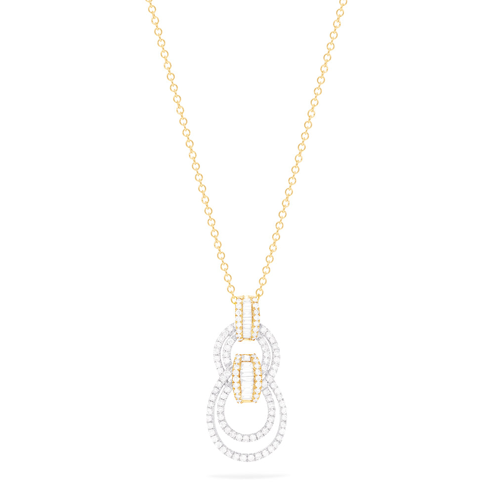The Duo 14K White and Yellow Gold Diamond Pendant, 0.52 TCW, features two interlocking oval loops adorned with sparkling diamonds for a modern geometric look—displayed elegantly on a white background.