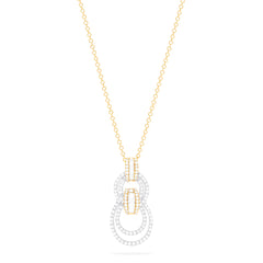 The Duo 14K White and Yellow Gold Diamond Pendant, 0.52 TCW, features two interlocking oval loops adorned with sparkling diamonds for a modern geometric look—displayed elegantly on a white background.