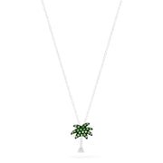 The Novelty 14K White Gold Tsavorite & Diamond Palm Tree Pendant (0.29 TCW) features tsavorites on the leaves and sparkling diamonds on the trunk, elegantly displayed against a white background.