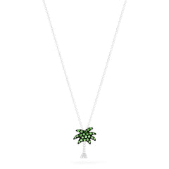 The Novelty 14K White Gold Tsavorite & Diamond Palm Tree Pendant (0.29 TCW) features tsavorites on the leaves and sparkling diamonds on the trunk, elegantly displayed against a white background.