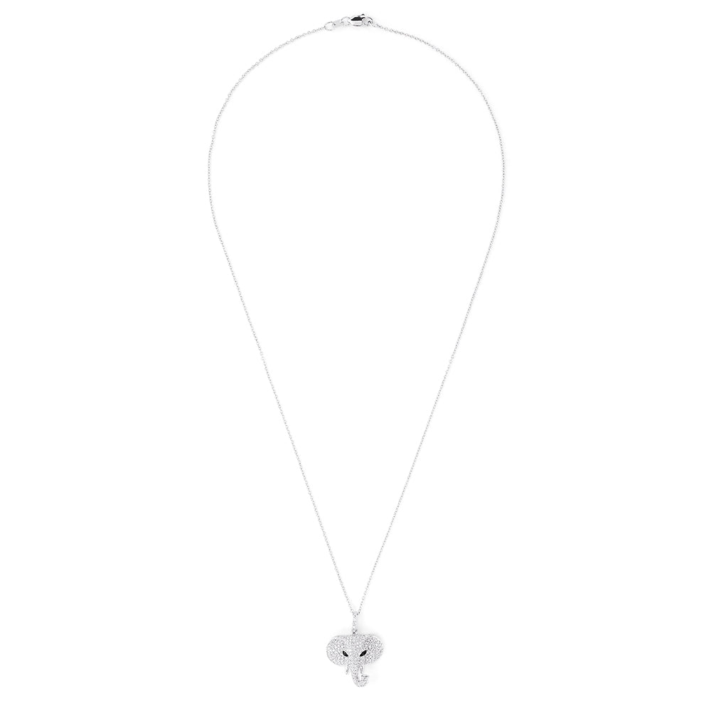 The Novelty 14K White Gold Diamond Elephant Pendant (0.73 TCW) features a diamond-studded head with black accents for the eyes—a sparkling piece that stands out in the Effy Novelty collection.