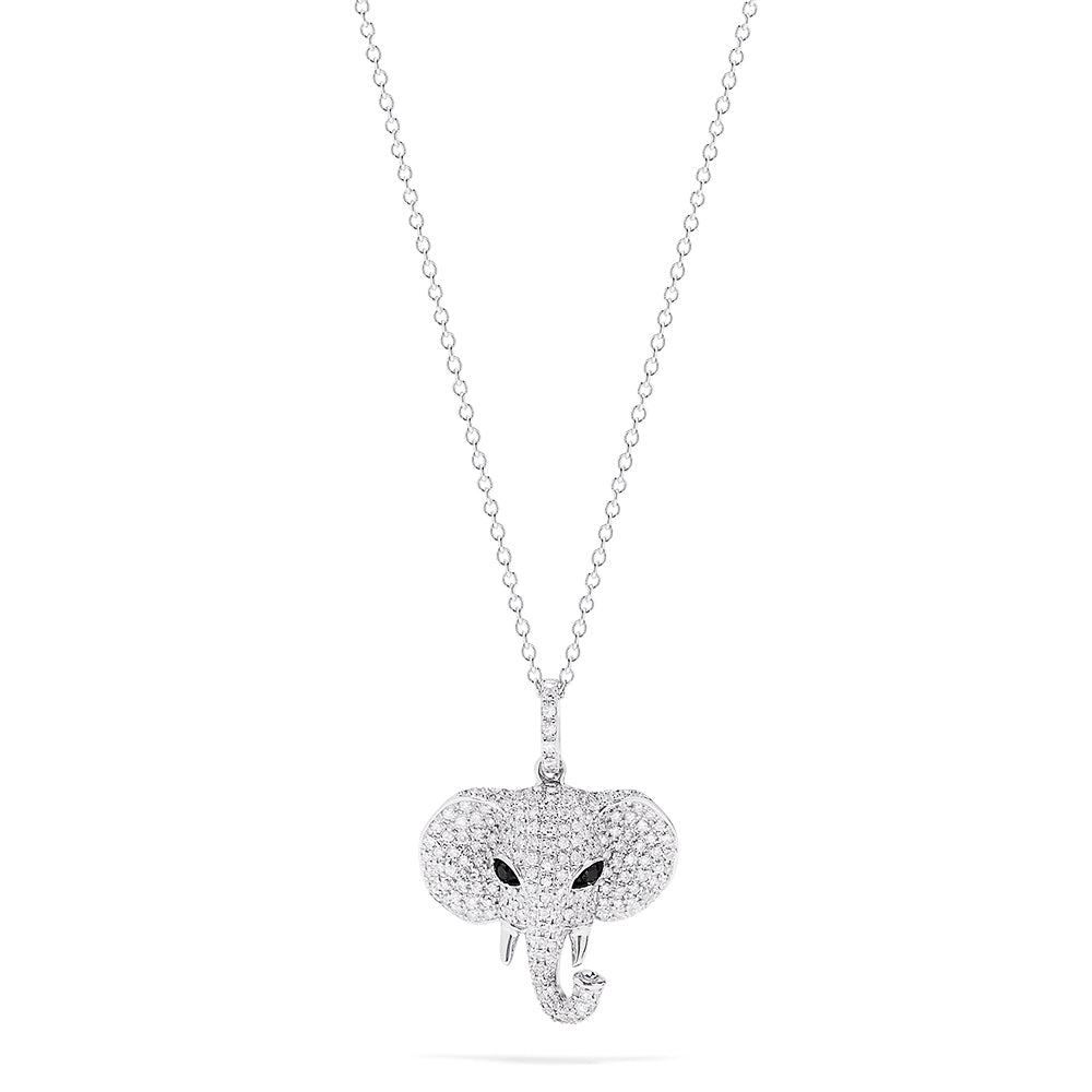 The Novelty 14K White Gold Diamond Elephant Pendant (0.73 TCW) features a diamond-studded head with black accents for the eyes—a sparkling piece that stands out in the Effy Novelty collection.