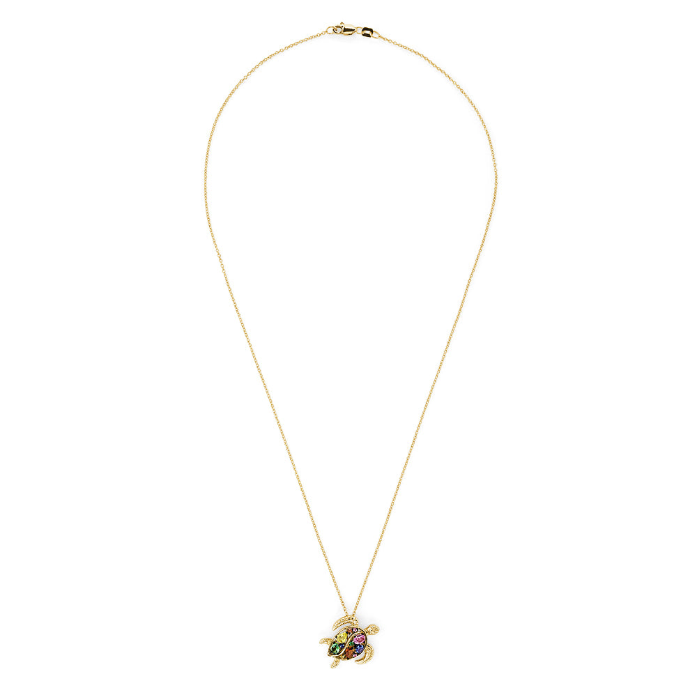 The Watercolors 14K Gold Sapphire & Diamond Turtle Pendant (0.99 TCW) features a gold turtle with a colorful gemstone shell and sparkling sapphire, suspended from a delicate gold chain, shown against a white background.