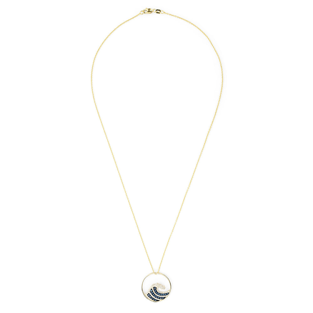 The Seaside 14K Yellow Gold Blue & White Diamond Wave Pendant (0.53 TCW) features a circular charm with a wave design, set with blue and white diamonds, and is displayed against a plain white background.