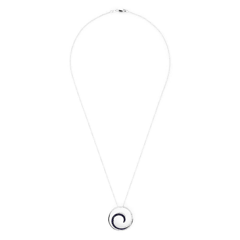 Royale Bleu 14K White Gold Sapphire & Diamond Wave Pendant (0.49 TCW) features a circular design with sapphire and diamond accents on a fine chain, showcased against a white background.