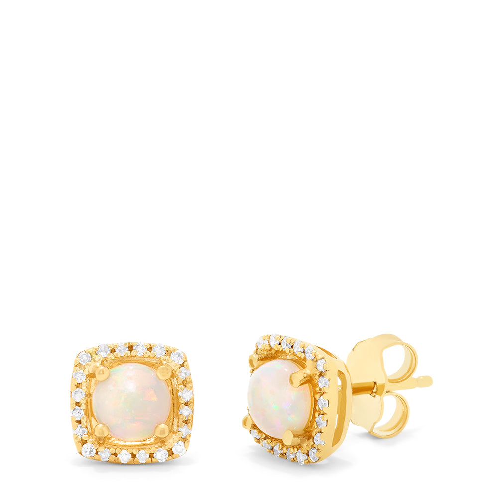 The Aurora 14K Yellow Gold Opal and Diamond Stud Earrings (0.92 TCW) feature round opal centers encircled by a square halo of sparkling diamonds, shown against a white background.